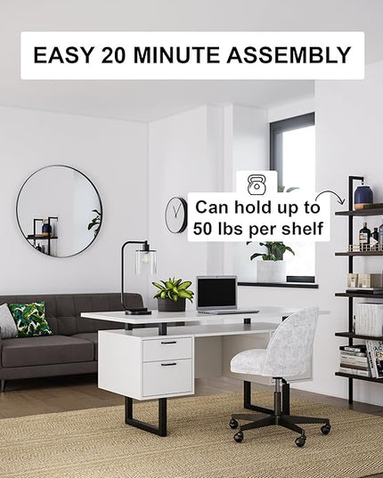 Nathan James Theo 5-Shelf Wood Modern Bookcase, Open Wall Mount Ladder Bookshelf with Industrial Metal Frame, Dark Brown Nutmeg/Black - LeafyLoom