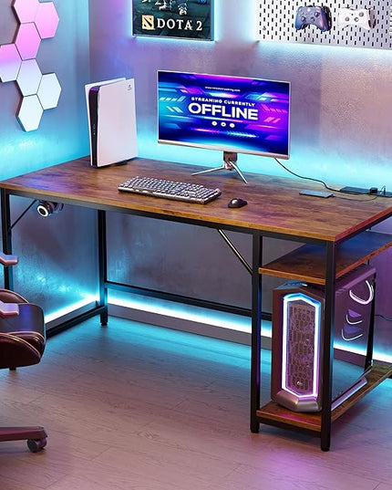 JOISCOPE 60 x 24 Inch Gaming Computer Desk with Table Power Outlets,Home Office Desk with Storage Shelves and USB & Type-C Outlet for Bedroom,Home Office,Morden Simple Writing Table,Vintage Oak Finish - LeafyLoom