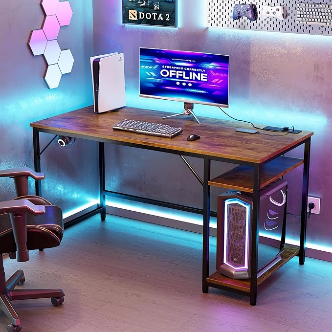 JOISCOPE 40 x 24 Inch Small Gaming Computer Desk with Table Power Outlets,Home Office Small Desk with Storage Shelves and USB & Type-C Outlet,Morden Simple Writing Table,Vintage Oak Finish - LeafyLoom