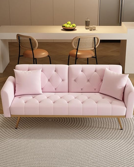Velvet Upholstered Modern Convertible Futon Couch Folding Sofa Bed Recliner Lounge Loveseat Daybed Sofacama with Adjustable Backrest and Golden Legs for Small RV Living Room Office, Pink 68.3" - LeafyLoom