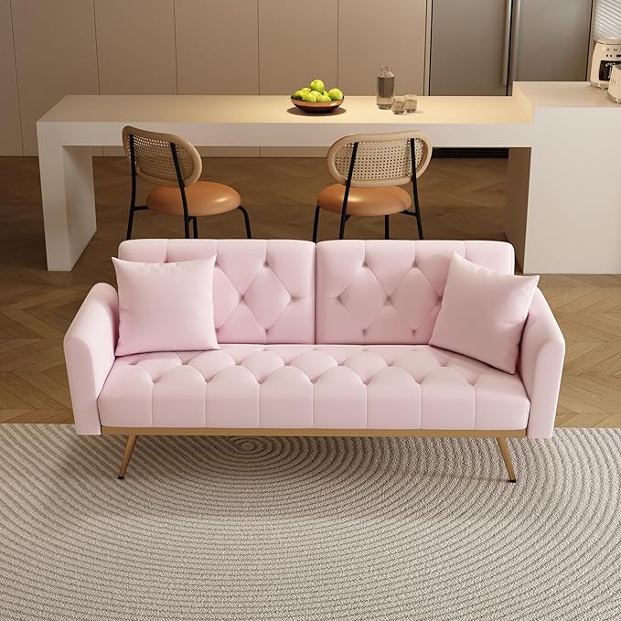 Velvet Upholstered Modern Convertible Futon Couch Folding Sofa Bed Recliner Lounge Loveseat Daybed Sofacama with Adjustable Backrest and Golden Legs for Small RV Living Room Office, Pink 68.3" - LeafyLoom
