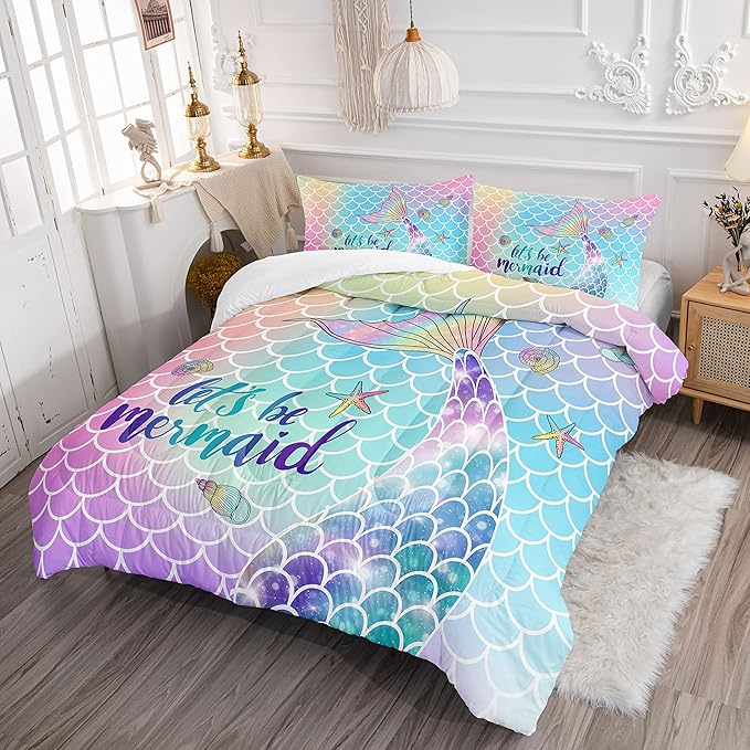 Datura home Bedding Comforter Set Rainbow Scales Mermaid Printed Pattern Bedding Set with 1 Comforter and 2 Pillowcases for Girls Bedroom All Season(Rainbow Scales Mermaid Queen), 90x90inches - LeafyLoom