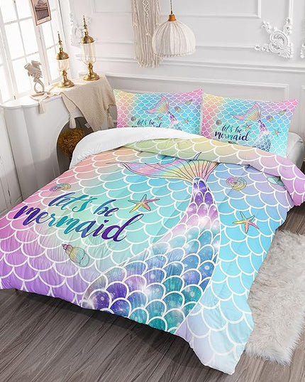 Datura home Bedding Comforter Set Rainbow Scales Mermaid Printed Pattern Bedding Set with 1 Comforter and 2 Pillowcases for Girls Bedroom All Season(Rainbow Scales Mermaid Twin), 68x86inches - LeafyLoom