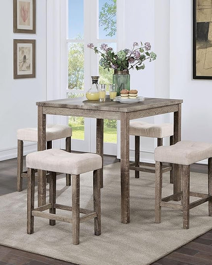 Furniture of America Colt Transitional Solid Wood 5-Piece Counter Height Set, Includes Square Table and 4 Beige Upholstered Stools for Kitchen, Dining Room, Gray - LeafyLoom