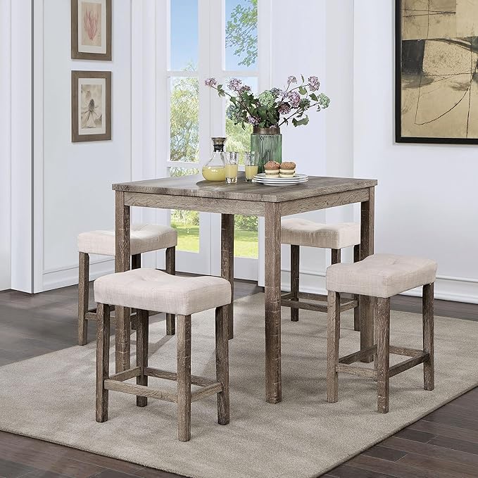 Furniture of America Colt Transitional Solid Wood 5-Piece Counter Height Set, Includes Square Table and 4 Beige Upholstered Stools for Kitchen, Dining Room, Gray - LeafyLoom