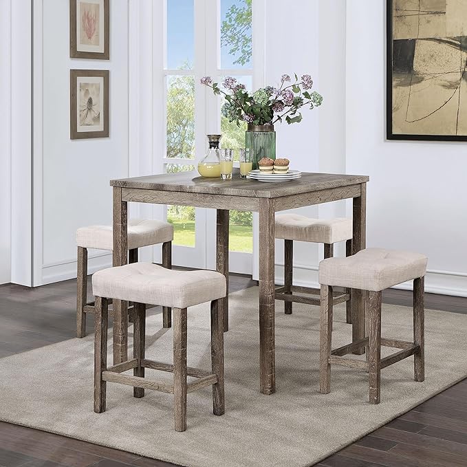Furniture of America Colt Transitional Solid Wood 5-Piece Counter Height Set, Includes Square Table and 4 Beige Upholstered Stools for Kitchen, Dining Room, Gray with Care Kit - LeafyLoom