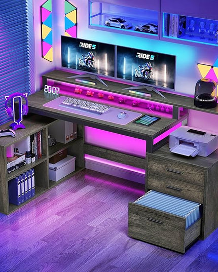 DWVO L Shaped Desk with Power Outlets & LED Lights, 65" Computer Desk with Drawers, Corner Desk Office Desk with File Cabinet & Printer Stand, Grey - LeafyLoom