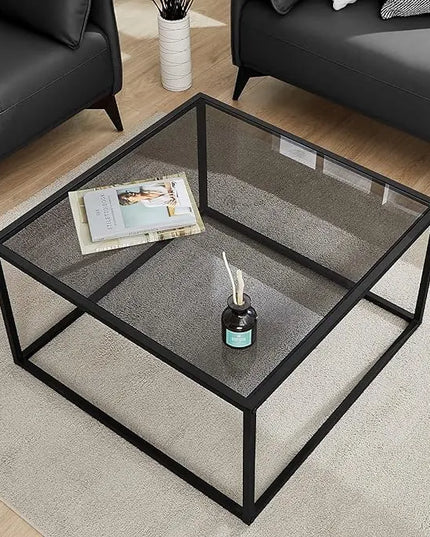 SAYGOER Glass Coffee Table, Small Modern Coffee Table Square Simple Center Tables for Living Room 26.7 x 26.7 x 15.7 Inches, Gray Black - LeafyLoom