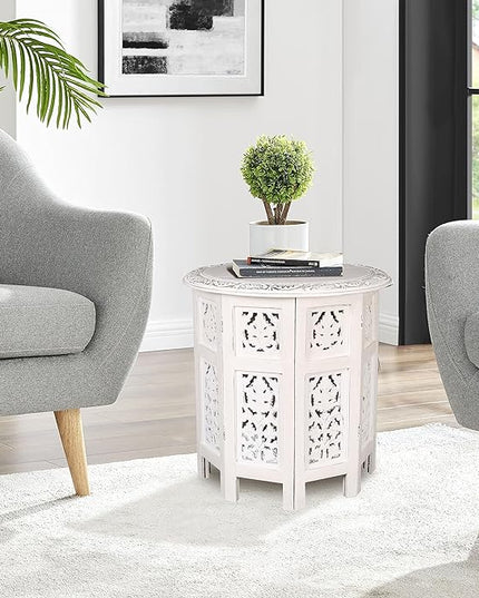 Round Side Table,Small Table, Round End Table,Side Table, Side Tables Living Room,End Table,Altar Table, Carved Side Table,Wood Accent Table,Carved Wood Table 18" Round Top x 18" High White Antique - LeafyLoom
