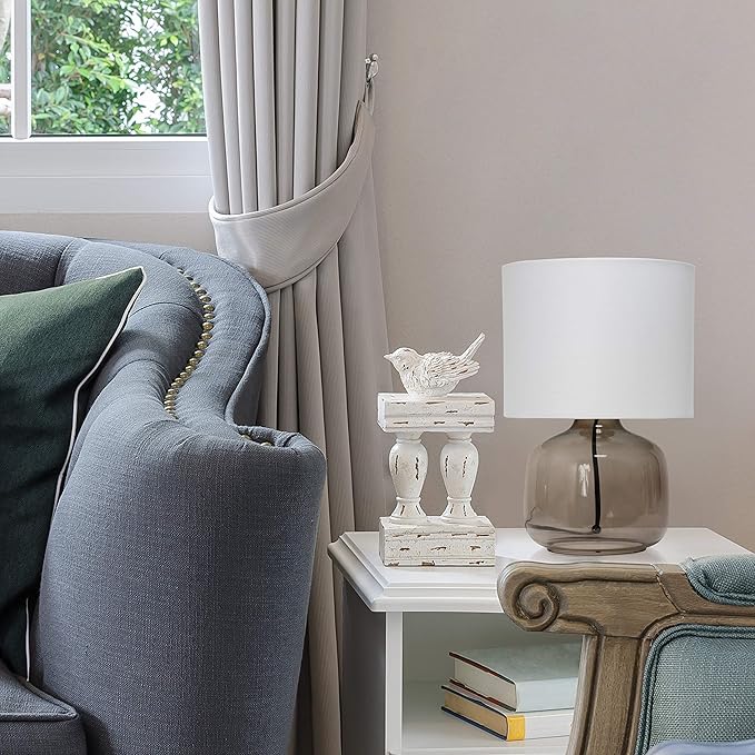 Simple Designs LT2064-SMW Smoke Gray Glass Table Lamp with White Fabric Shade - LeafyLoom