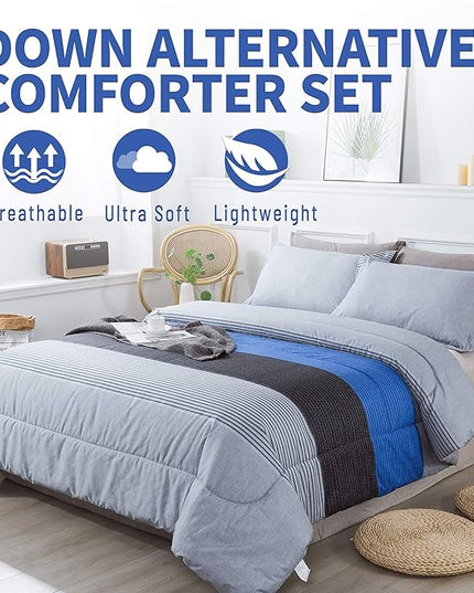 Andency Full Size Blue Comforter Set (79x90 Inch), 3 Pieces Gray and Blue Patchwork Striped Comforter, Soft Microfiber Down Alternative Comforter Bedding Set Bed in a Bag with Corner Loops - LeafyLoom