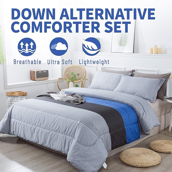 Andency Full Size Blue Comforter Set (79x90 Inch), 3 Pieces Gray and Blue Patchwork Striped Comforter, Soft Microfiber Down Alternative Comforter Bedding Set Bed in a Bag with Corner Loops - LeafyLoom