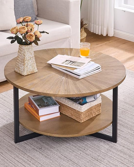 33.5" Round Coffee Table with 2-Tier Storage, Farmhouse Living Room Cocktail Table with Black Metal Leg, Solid Wood Industrial Sofa Center Table,Easy Assembly, Rustic Natural KFZ1338 - LeafyLoom