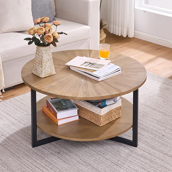33.5" Round Coffee Table with 2-Tier Storage, Farmhouse Living Room Cocktail Table with Black Metal Leg, Solid Wood Industrial Sofa Center Table,Easy Assembly, Rustic Natural KFZ1338 - LeafyLoom