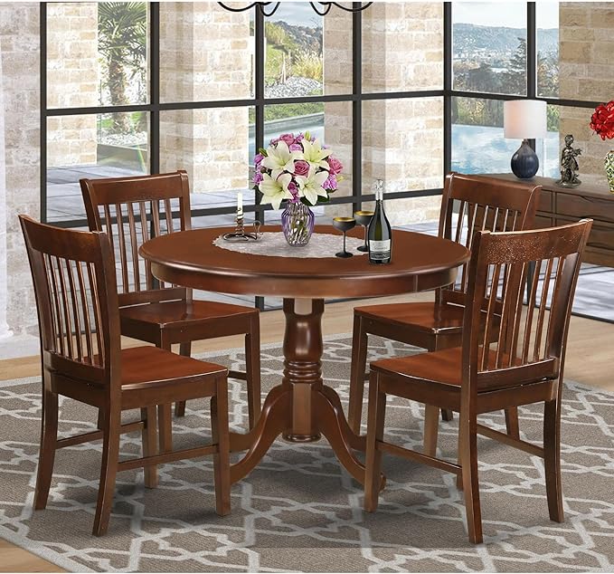 East West Furniture HLNO5-MAH-W 5 Piece Dinette Set for 4 Includes a Round Dining Table with Pedestal and 4 Dining Room Chairs, 42x42 Inch, Mahogany - LeafyLoom