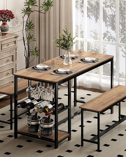 3-Piece Kitchen Table for 4, 54.7" Dining Table Set with 2 Benches, Dining Room Table with MDF Wood Board, Storage Shelf, Wine and Glass Rack, Industrial (Brown) - LeafyLoom