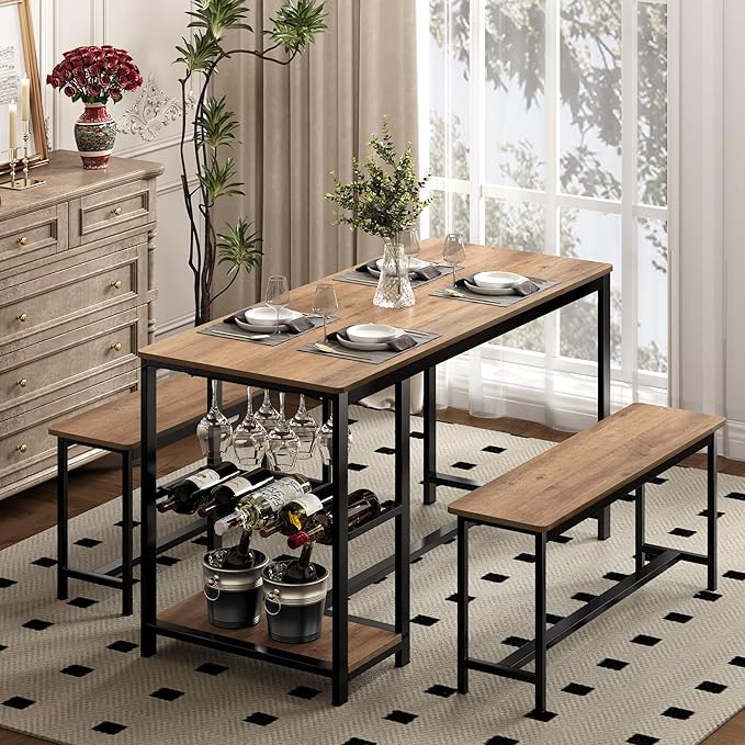3-Piece Kitchen Table for 4, 54.7" Dining Table Set with 2 Benches, Dining Room Table with MDF Wood Board, Storage Shelf, Wine and Glass Rack, Industrial (Brown) - LeafyLoom
