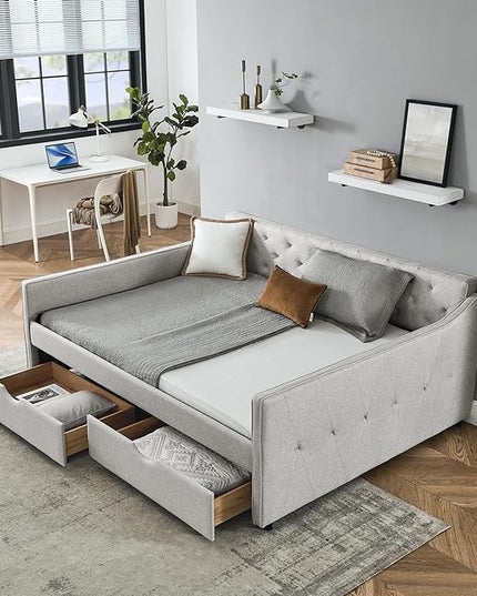 RITSU Queen Size Upholstered Tufted Daybed with Two Pull Out Drawers Sofa Bed, Button Polyester on Back, Waved Shape Arms for Bedroom, Living Room,No Need Boxing Spring, Beige, 85.50 - LeafyLoom