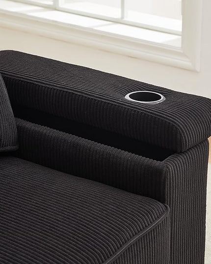 Modern Living Room Upholstered 3 Seater Sofa Couch Deep Seat Soft Corduroy Sofa&Couch with Storage Armrests, 2 Cupholders, Type-C and USB Charging Ports for Home, Apartment, Office - LeafyLoom
