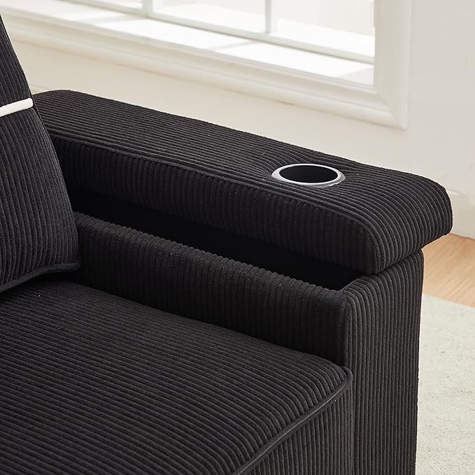 Modern Living Room Upholstered 3 Seater Sofa Couch Deep Seat Soft Corduroy Sofa&Couch with Storage Armrests, 2 Cupholders, Type-C and USB Charging Ports for Home, Apartment, Office - LeafyLoom