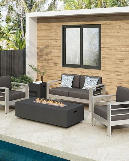 Christopher Knight Home Cape Coral Outdoor Chat Set with Fire Table, 5-Pcs Set, Khaki / Dark Grey - LeafyLoom