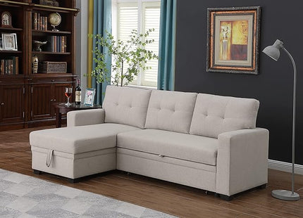L Shaped Pull Out Sectional Sofa with Storage Chaise, 82 Inch Linen Upholstered Reversible Couch Sleeper Bed, for Living Room, Apartment and Office, Beige, 82 - LeafyLoom