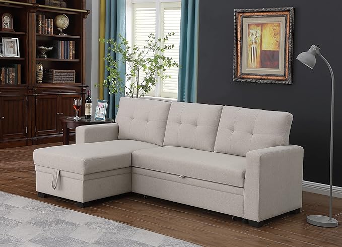 L Shaped Pull Out Sectional Sofa with Storage Chaise, 82 Inch Linen Upholstered Reversible Couch Sleeper Bed, for Living Room, Apartment and Office, Beige, 82 - LeafyLoom