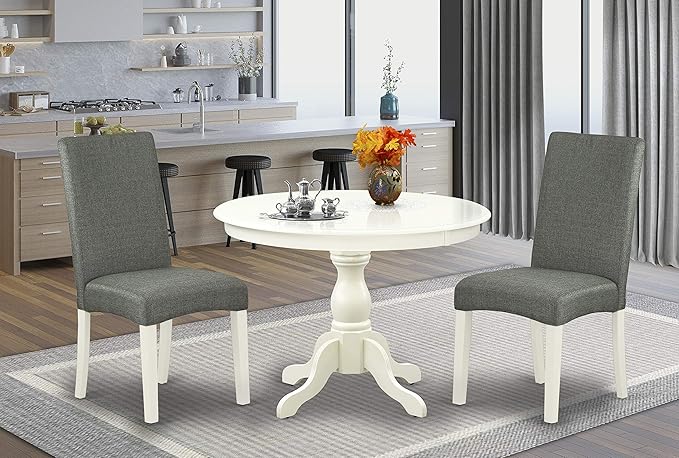 East West Furniture Hartland 3 Piece Set Contains a Round Dining Room Table with Pedestal and 2 Gray Linen Fabric Upholstered Parson Chairs, 42x42 Inch, HBDR3-LWH-07 - LeafyLoom