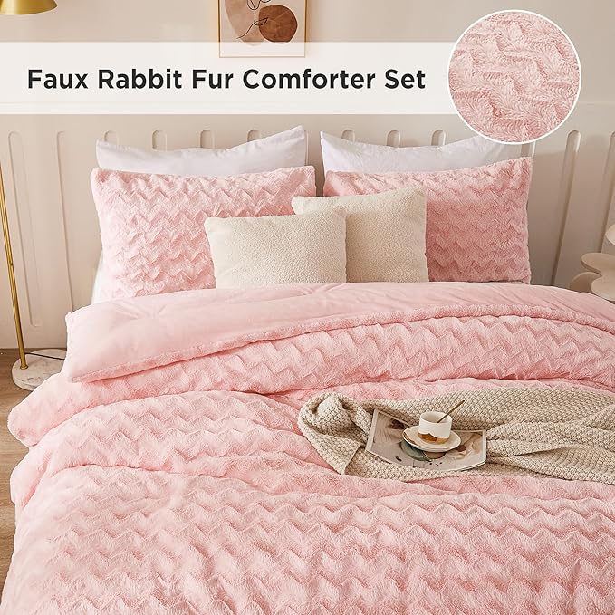 Andency Pink Fleece Comforter Set Full, 3 Pieces Fuzzy Shaggy Plush Sherpa Bedding Comforter Set Women Girls, Solid Fluffy Faux Fur Bed Comforter Set for Winter - LeafyLoom