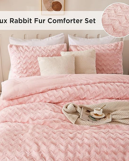 Andency Pink Fleece Comforter Set Queen Size, 3 Pieces Plush Shaggy Faux Fur Bed Comforter Set for Queen Bed, Fuzzy Fluffy Warm Bedding Set for Women Girls - LeafyLoom