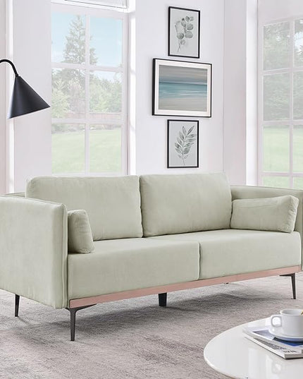 Modern Linen Upholstered 3-Seat Sofa Couch with Stainless Steel Trim and Metal Legs for Living Room, 2 Pillows Included, 72.83", Beige-119 - LeafyLoom
