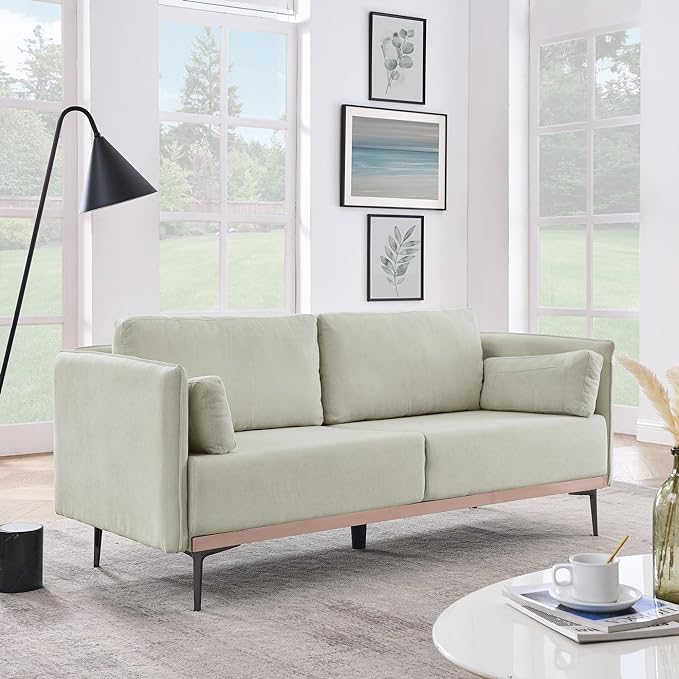 Modern Linen Upholstered 3-Seat Sofa Couch with Stainless Steel Trim and Metal Legs for Living Room, 2 Pillows Included, 72.83", Beige-119 - LeafyLoom