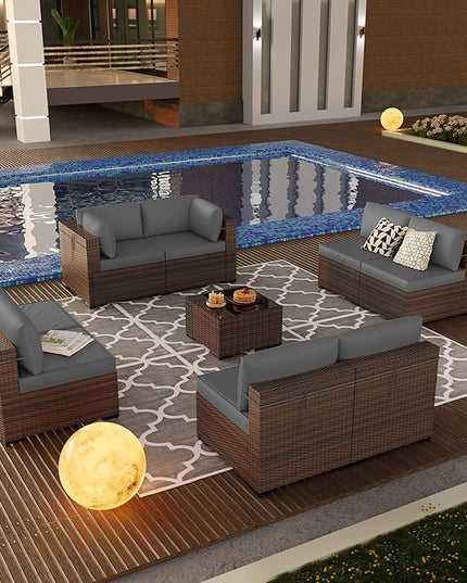 Kullavik 9PCS Outdoor Patio Furniture Set PE Wicker Rattan Sectional Sofa Patio Conversation Sets,Grey - LeafyLoom