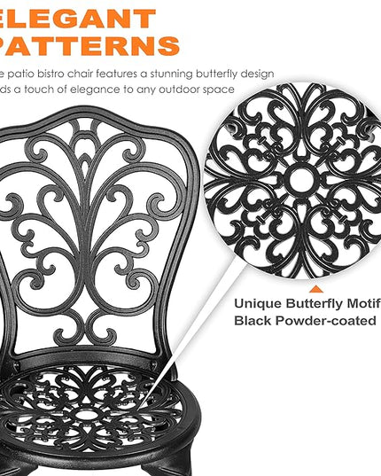 NUU GARDEN 3 Piece Bistro Set Outdoor, All Weather Cast Aluminum Patio Bistro Sets Patio Table and Chairs Set of 2 with Umbrella Hole for Yard, Balcony, Black, Butterfly Backrest - LeafyLoom
