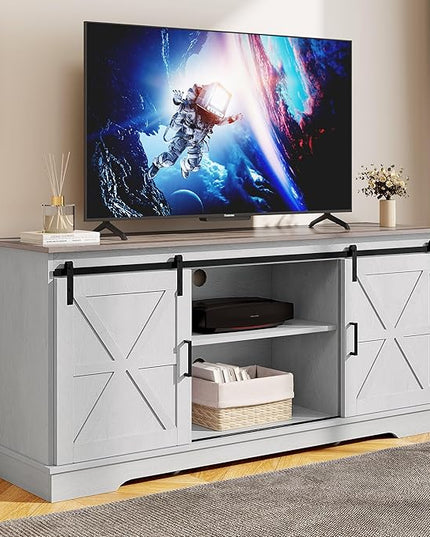 DWVO TV Cabinet for 65 Inch TV, Farmhouse TV Stand with Storage Cabinets and Sliding Barn Doors, Mid Century Modern Entertainment Center Media TV Console for Living Room, Grey White/Grey Wash - LeafyLoom