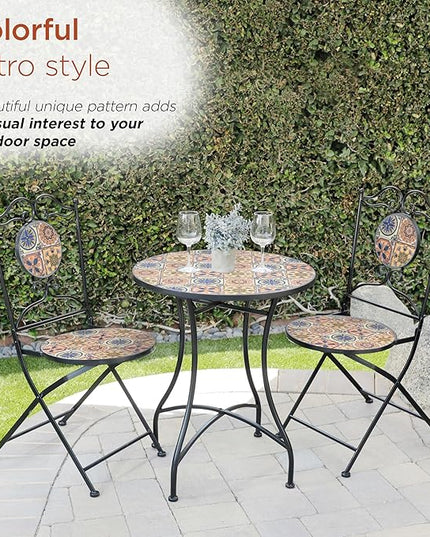Alpine Corporation Indoor/Outdoor Mediterranean Tile Design Set Table and Chairs Patio Seating - LeafyLoom