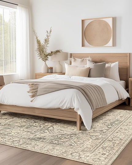 nuLOOM 6 Square Machine Washable Rain Haven Vintage Medallion Area Rug, Grey, Traditional Faded Design, Non-Slip Backing, Stain Resistant, For Bedroom, Dining Room, Living Room, Kitchen - LeafyLoom