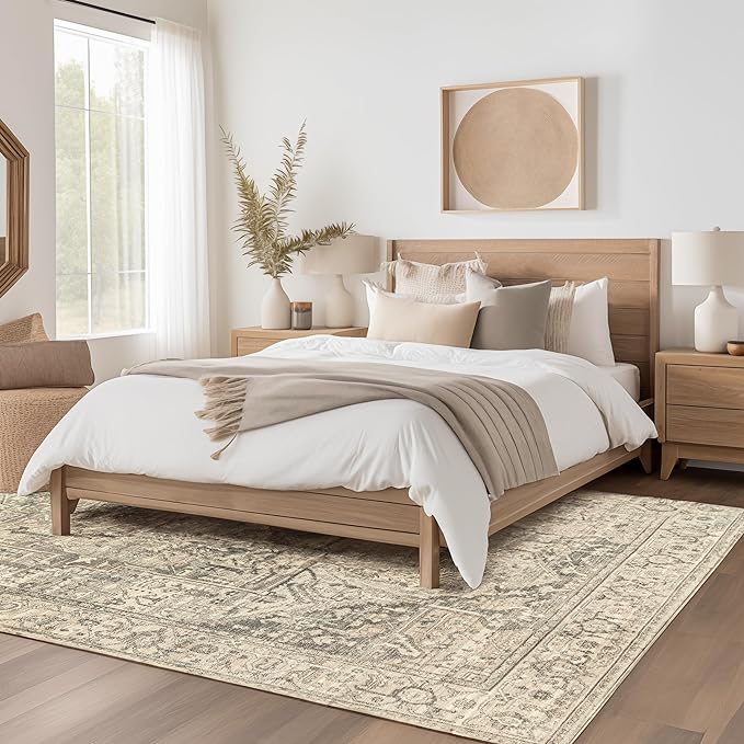nuLOOM 6 Square Machine Washable Rain Haven Vintage Medallion Area Rug, Grey, Traditional Faded Design, Non-Slip Backing, Stain Resistant, For Bedroom, Dining Room, Living Room, Kitchen - LeafyLoom