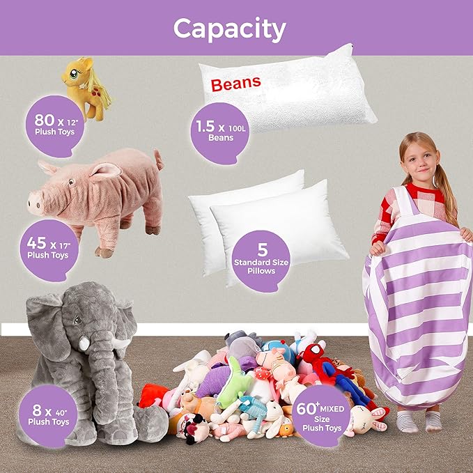 Aubliss Stuffed Animal Bean Bag Storage Chair (Purple/White Striped, Medium (32'')) - LeafyLoom