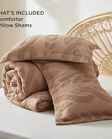 Bedsure Queen Size Comforter Set Taupe, Boho Tufted Bedding Comforter Set, Farmhouse Jacquard Cable Knit Pattern Bed Set, 3 Pieces, 1 Shabby Chic Fluffy Comforter & 2 Pillow Shams - LeafyLoom