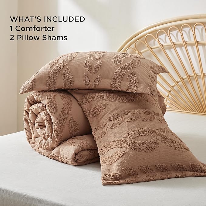 Bedsure Queen Size Comforter Set Taupe, Boho Tufted Bedding Comforter Set, Farmhouse Jacquard Cable Knit Pattern Bed Set, 3 Pieces, 1 Shabby Chic Fluffy Comforter & 2 Pillow Shams - LeafyLoom