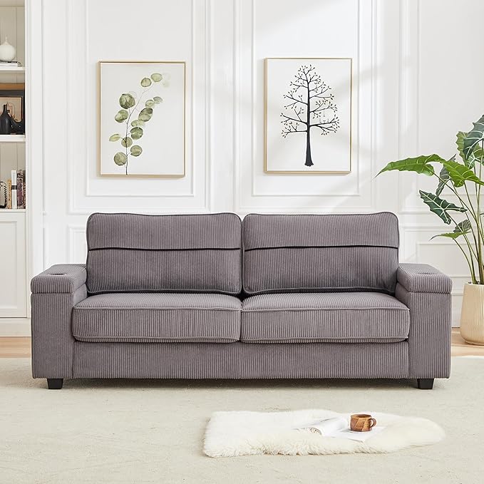 Modern Living Room Upholstered 3 Seater Sofa Couch Deep Seat Soft Corduroy Sofa&Couch with Storage Armrests, 2 Cupholders, Type-C and USB Charging Ports for Home, Apartment, Office - LeafyLoom