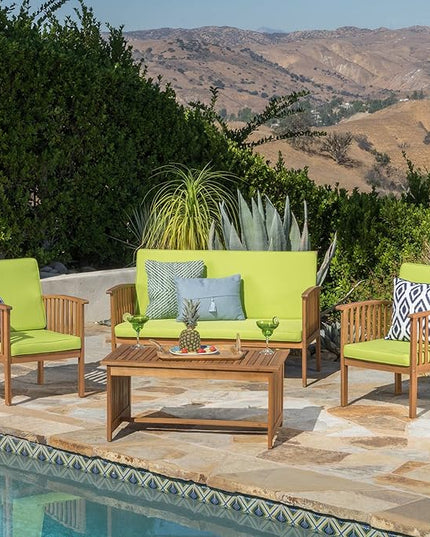 Christopher Knight Home Carolina Outdoor Acacia Wood Sofa Set with Water Resistant Cushions, 4-Pcs Set, Brown Patina / Light Green - LeafyLoom