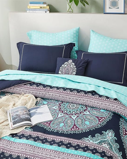 Degrees of Comfort Teen Twin Complete Comforter Sets for Girls, Boho Medallion Tween Bed in A Bag 6 Piece, Blue Microfiber Bedding Set with Sheets, Matching Decorative Pillow - LeafyLoom