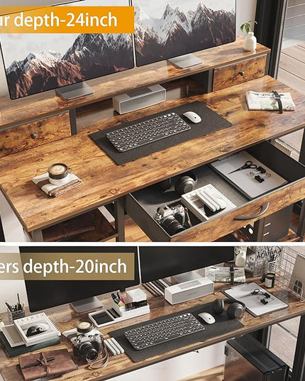 Treesland 47 Inch Multifunctional Computer Desk with Monitor Shelf, Professional Dual Tiers Writing Desk, 3 Drawers, and Storage - Sturdy Home Office Desk, Brown - LeafyLoom