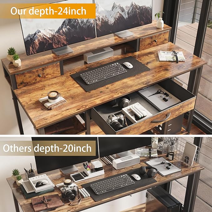 Treesland 47 Inch Multifunctional Computer Desk with Monitor Shelf, Professional Dual Tiers Writing Desk, 3 Drawers, and Storage - Sturdy Home Office Desk, Brown - LeafyLoom