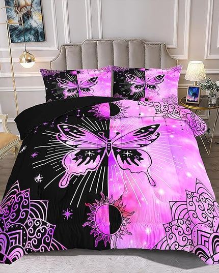 Butterfly Comforter Set for Girls Women, Butterfly Bed Set, Boho Butterflies with Sun and Moon Printed Bedding Sets, Black Purple Butterfly Comforter Set Full Size with 2 Pillowcases - LeafyLoom
