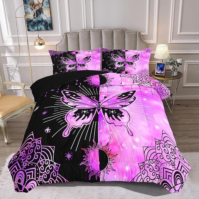 Butterfly Comforter Set for Girls Women, Butterfly Bed Set, Boho Butterflies with Sun and Moon Printed Bedding Sets, Black Purple Butterfly Comforter Set Full Size with 2 Pillowcases - LeafyLoom