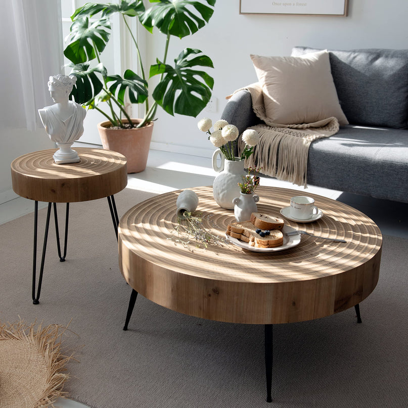 2-Piece Modern Farmhouse Living Room Coffee Table Set, Nesting Table Round Natural Finish with Handcrafted Wood Ring Motif, Wood Colour LeafyLoom
