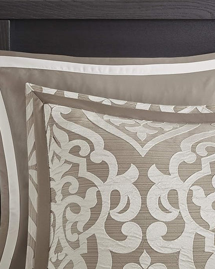 Madison Park Odette Cozy Comforter Set Jacquard Damask Medallion Design - Modern All Season, Down Alternative Bedding, Shams, Decorative Pillow, King(104 in x 92 in), Tan 8 Piece - LeafyLoom